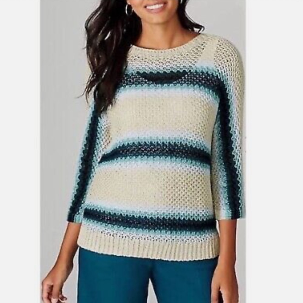 J. Jill Open Stitch Knit Ombré Cotton and Linen Blend Stripe Sweater L